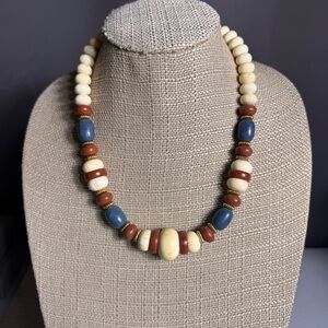 Elegant Beaded Necklace in Cream, Blue, and Brown | NWOT Handcrafted in US